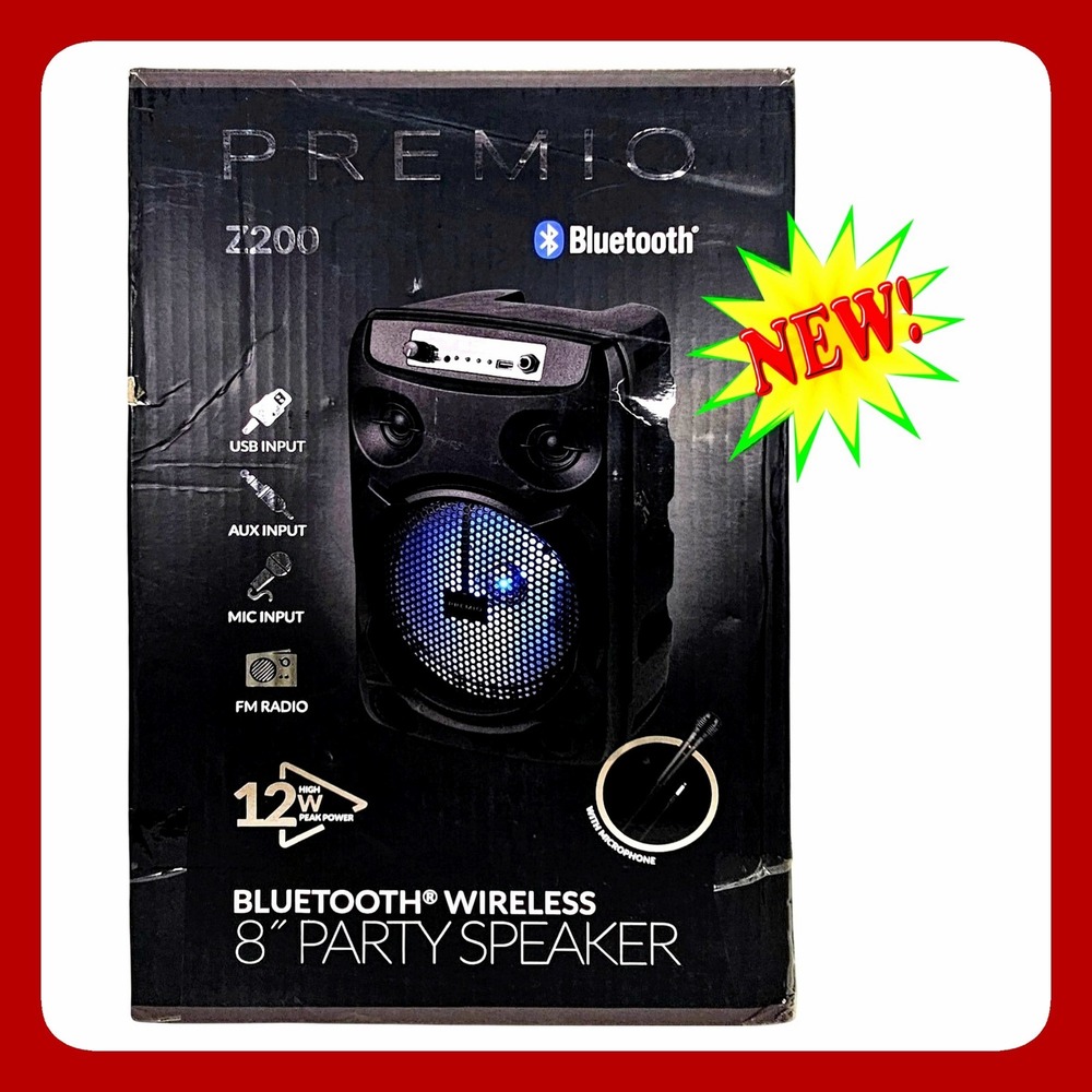 Premio Z200 8in Wireless Party Speaker Bluetooth LED Mic Portable Audio System N